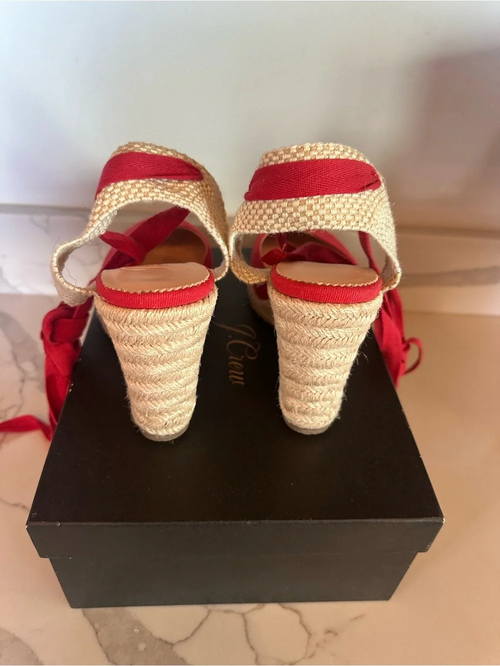 J Crew Canvas Red High Heel Espadrille Heels with Wrap Tie, Sz 8, retailed $158